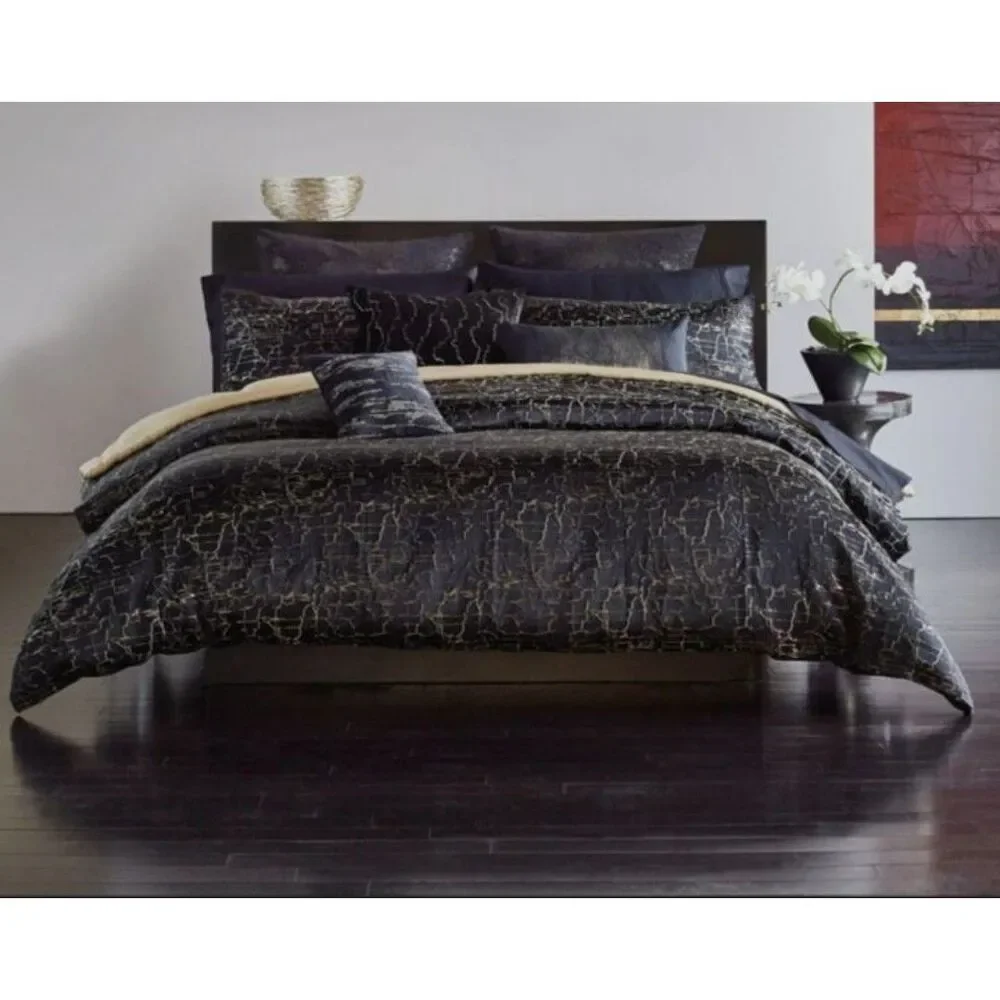 Donna Karan King Duvet Cover Black Gold Textured Onyx Collection Luxury Bedding